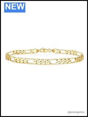 5mm Figaro Chain Bracelet 14k Gold Plated Metal Lobster Clasp Unisex